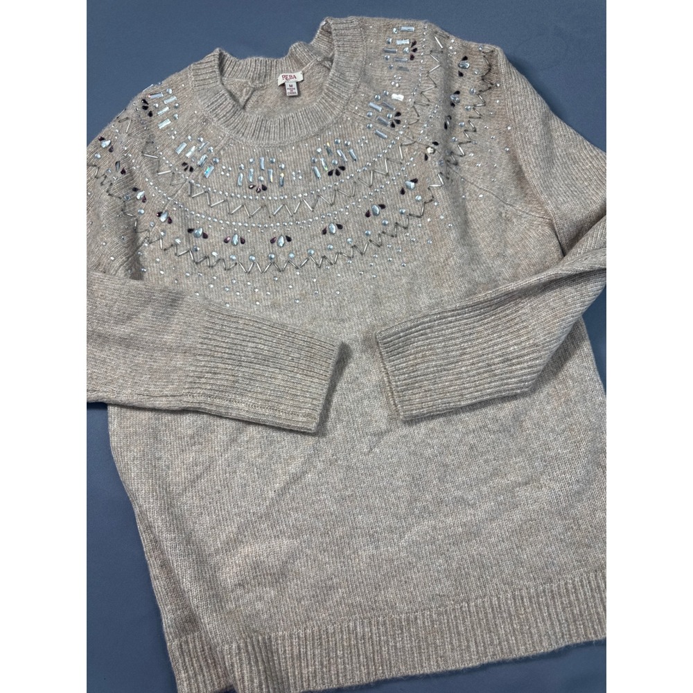 Reba Women Medium Beige Embellished Rhinestone Knit Sweater Oatmeal M